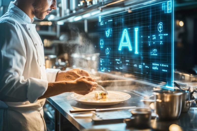 Chef in kitchen with digital assistant overlay